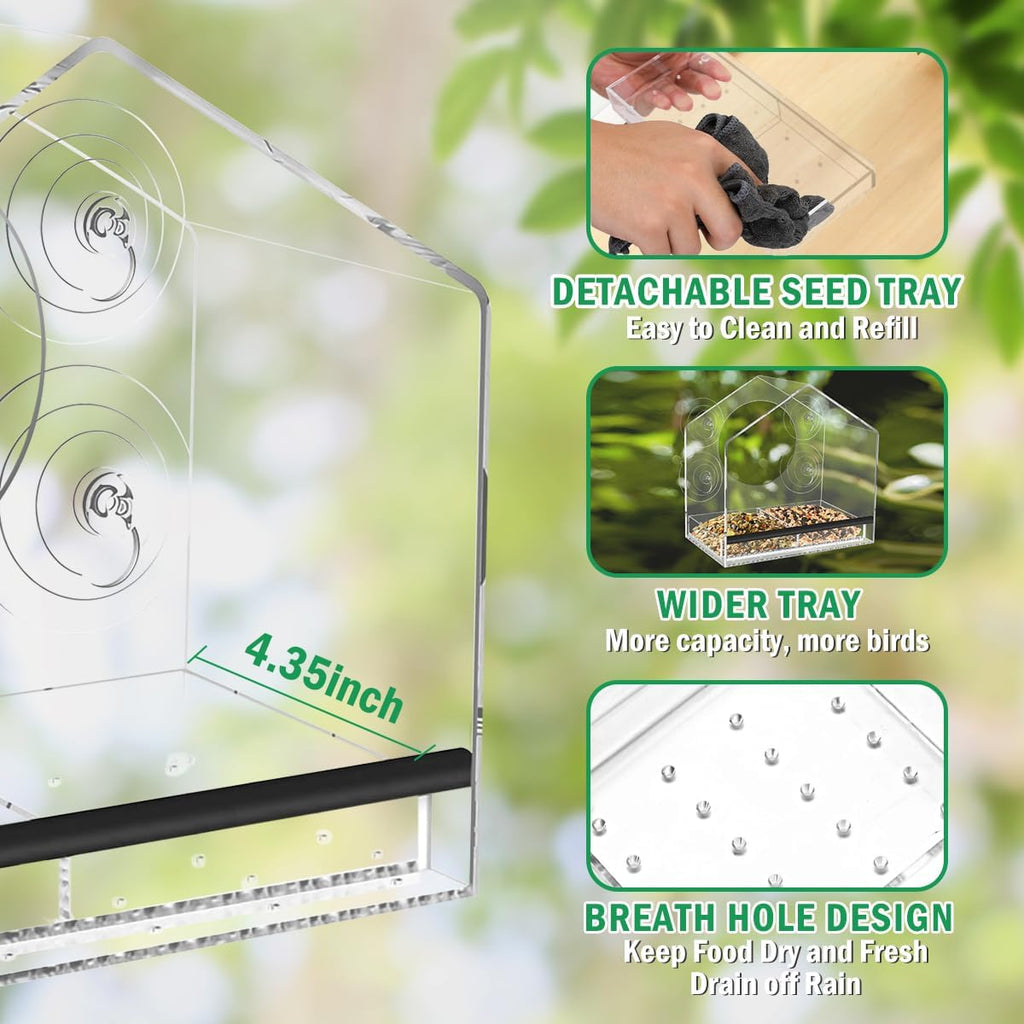 Clear Window Bird Feeder with Strong Suction Cups, Removable Tray