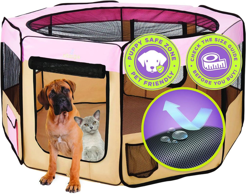 Zampa Puppy Pop Up Portable Playpen for Dog and Cat, Foldable | Indoor/Outdoor Kitten Pen & Travel Pet Carrier + Carrying Case (Pink, Extra Large (80"x80"x36"))