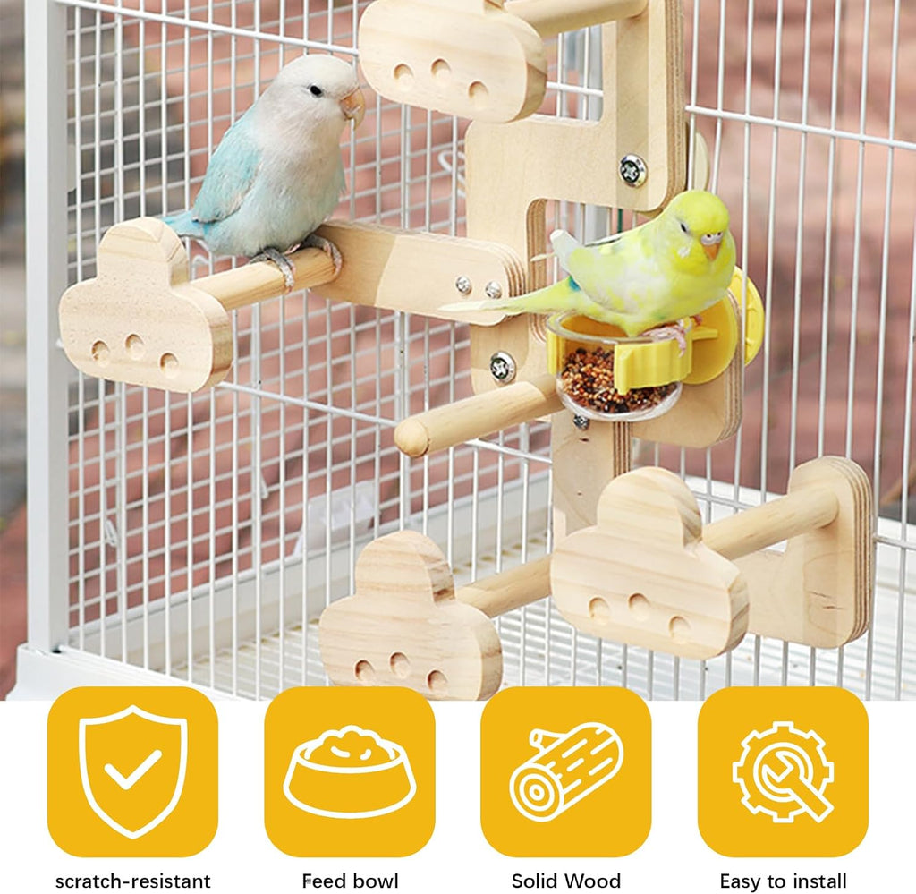 Parrots Playground,Natural Wood Perch Stand with Feeding Cups,Parrots Play Gym,Birds Perch Stand for Budgie Conures Cockatoos Lovebirds(Includes PVC Food Bowl)