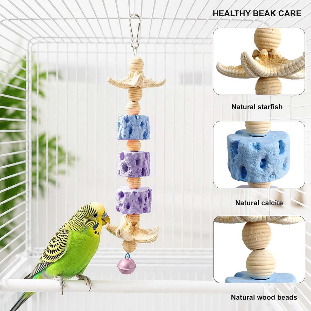 3 Pcs Bird Toy Set Calcium Stone Grind Block Shredder Paper Foraging Pouch 6 Ring Swing Chain Cage Accessories for Parrots Cockatiels Lovebirds Budgies