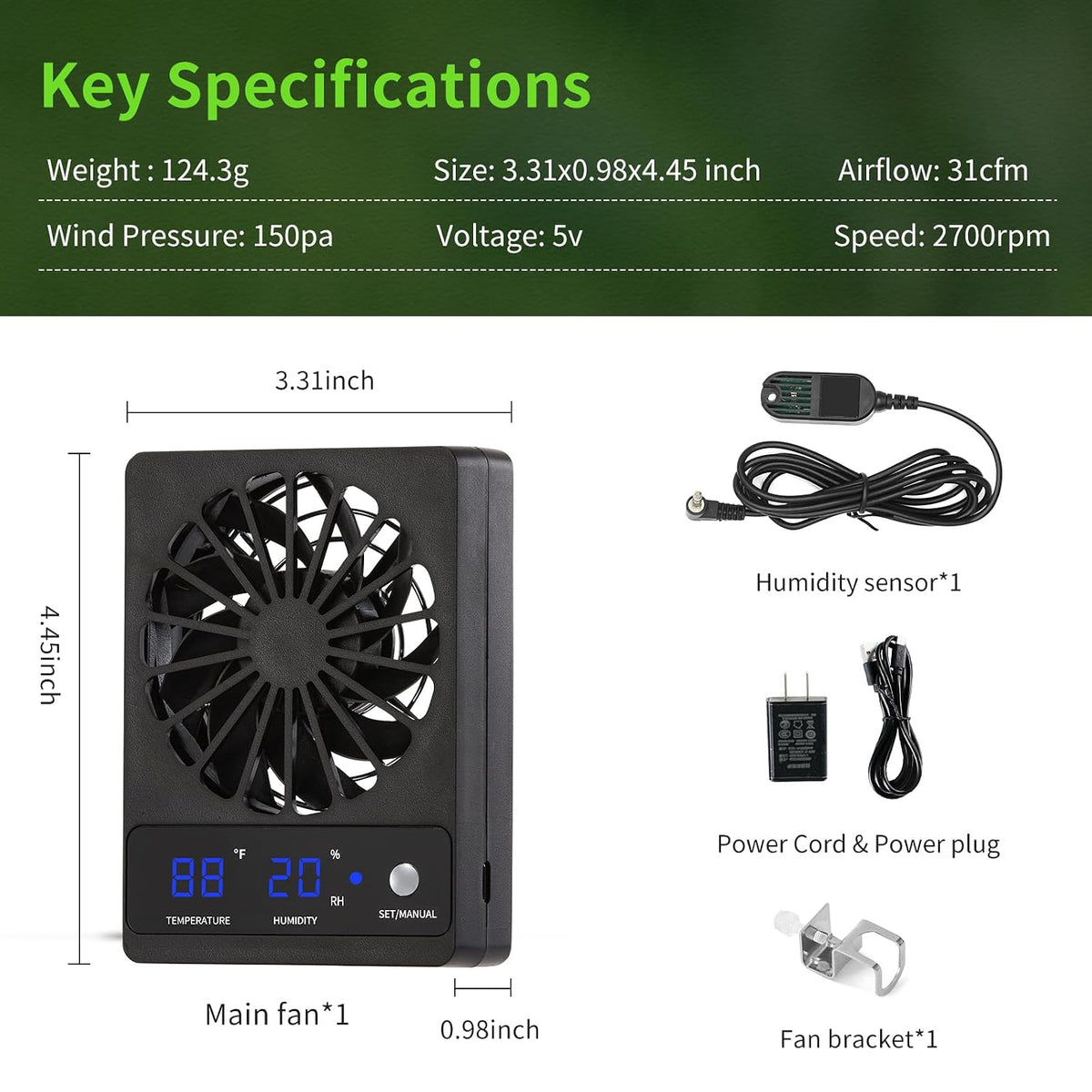 Reptile Tank Fan with Thermometer & Hygrometer | LED Display, Auto Ventilation for Enclosures & Terrariums