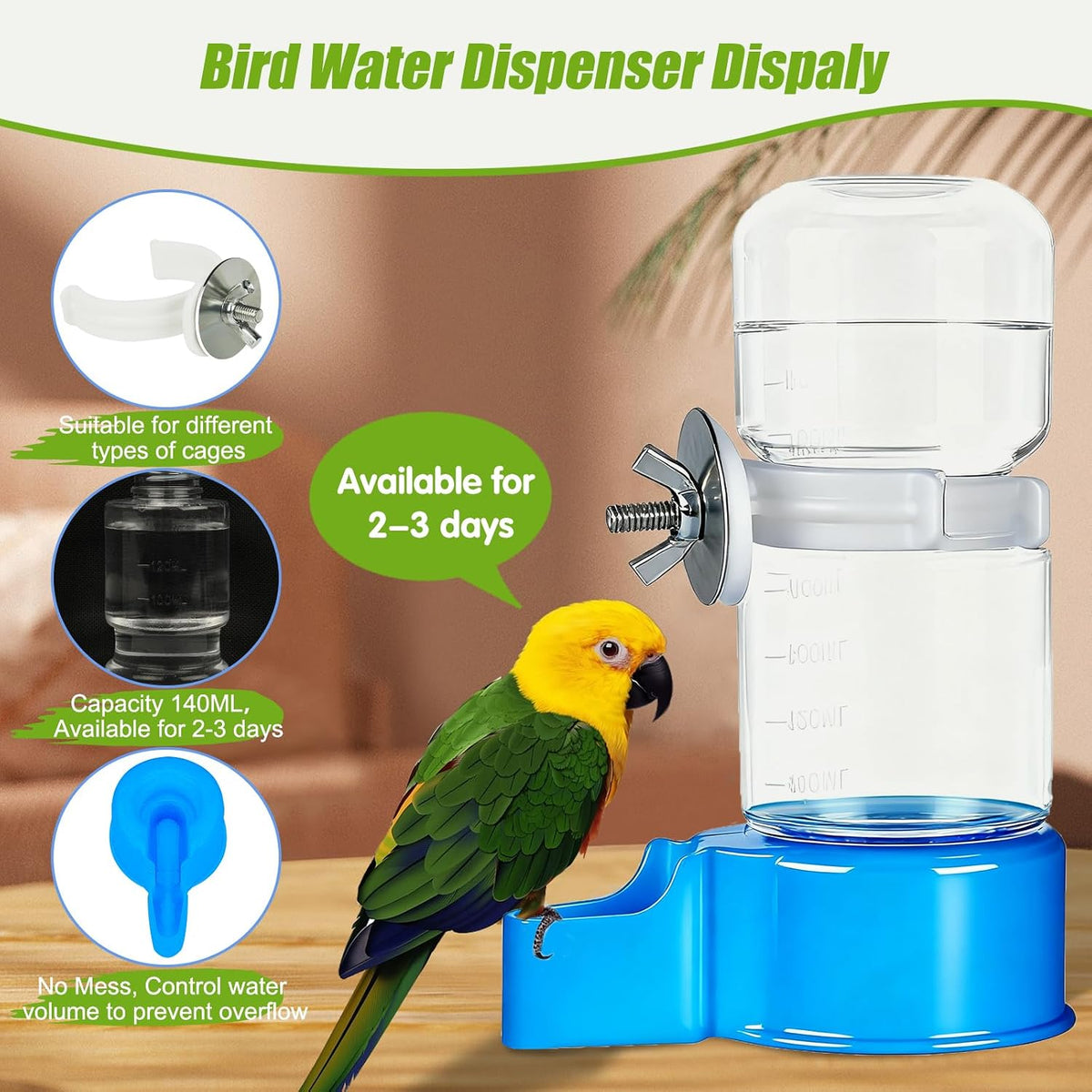 2 Pack Automatic Bird Cage Water Dispenser, 4.73 oz Parakeet Water Feeder