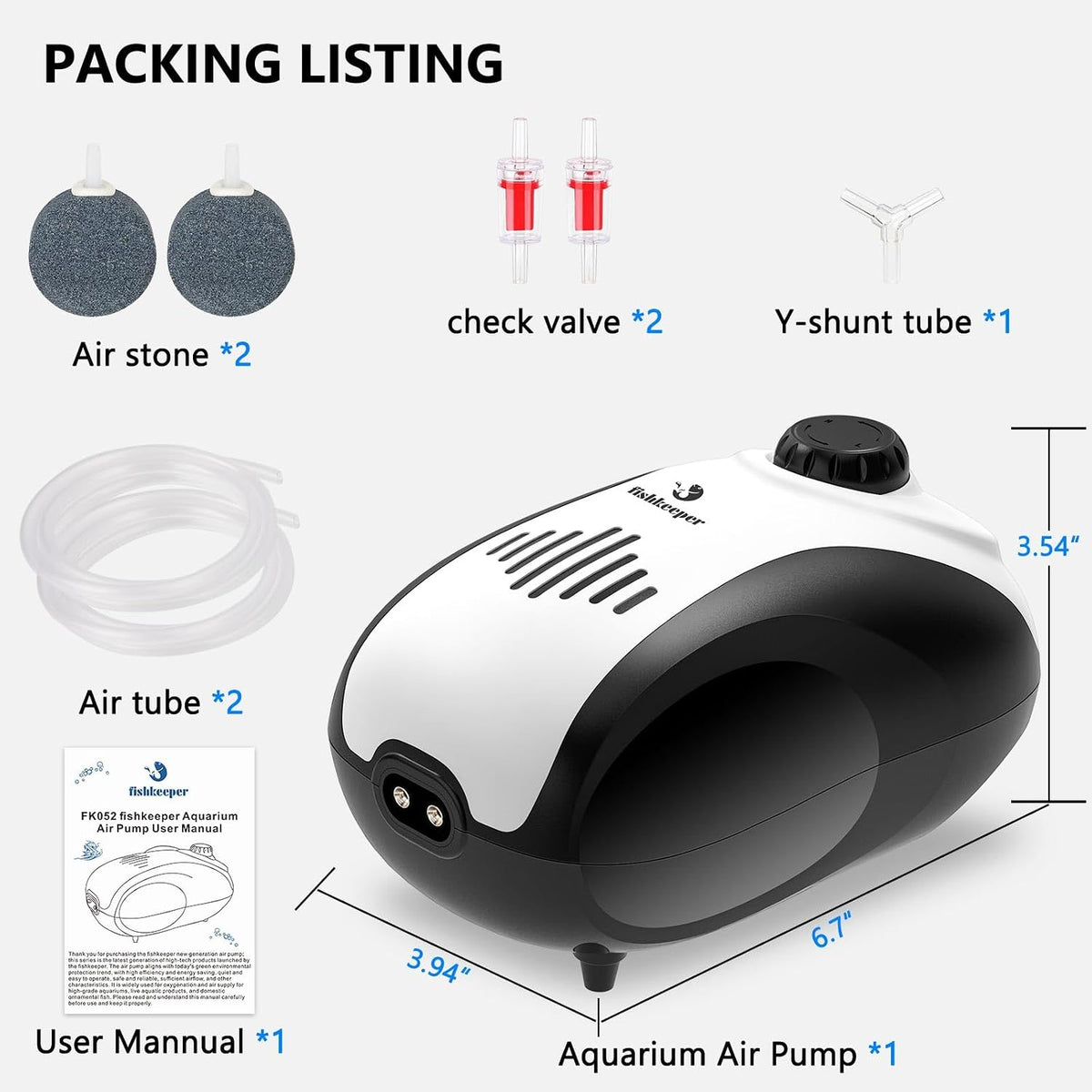 fishkeeper Aquarium Air Pump, 5W Dual Outlet Fish Tank Air Pump
