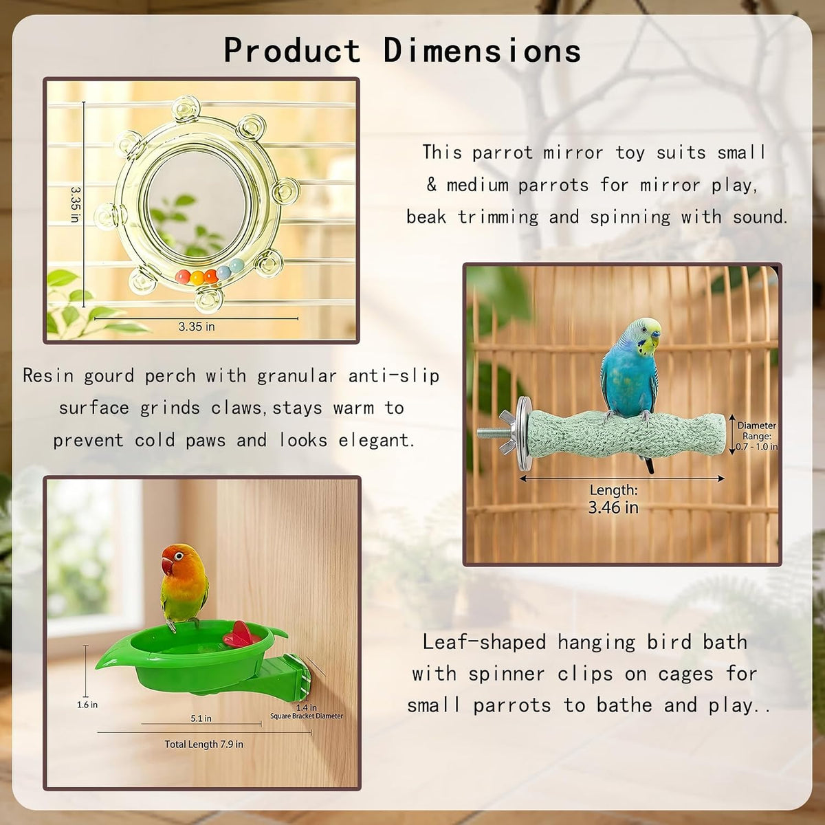 Bird Bath for Cage, Hanging Leaf Bird Bathtub with Easy Clean Detachable Basin, Parrot Cage Bath Bowl for Parakeets, Budgies, Cockatiels, Lovebirds & Small Birds, Bonus Mirror Toy & Grooming Perch