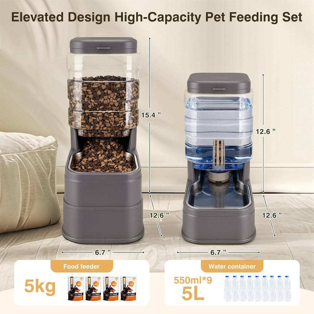 Pawzone 2 Pack Automatic Cat Feeder and Water Dispenser 1.3 Gallon Dog Gravity Food Feeder and Water with Ice Pack Stainless Steel Dry Food and Water Bowl for Small Medium Large Pets (Grey)