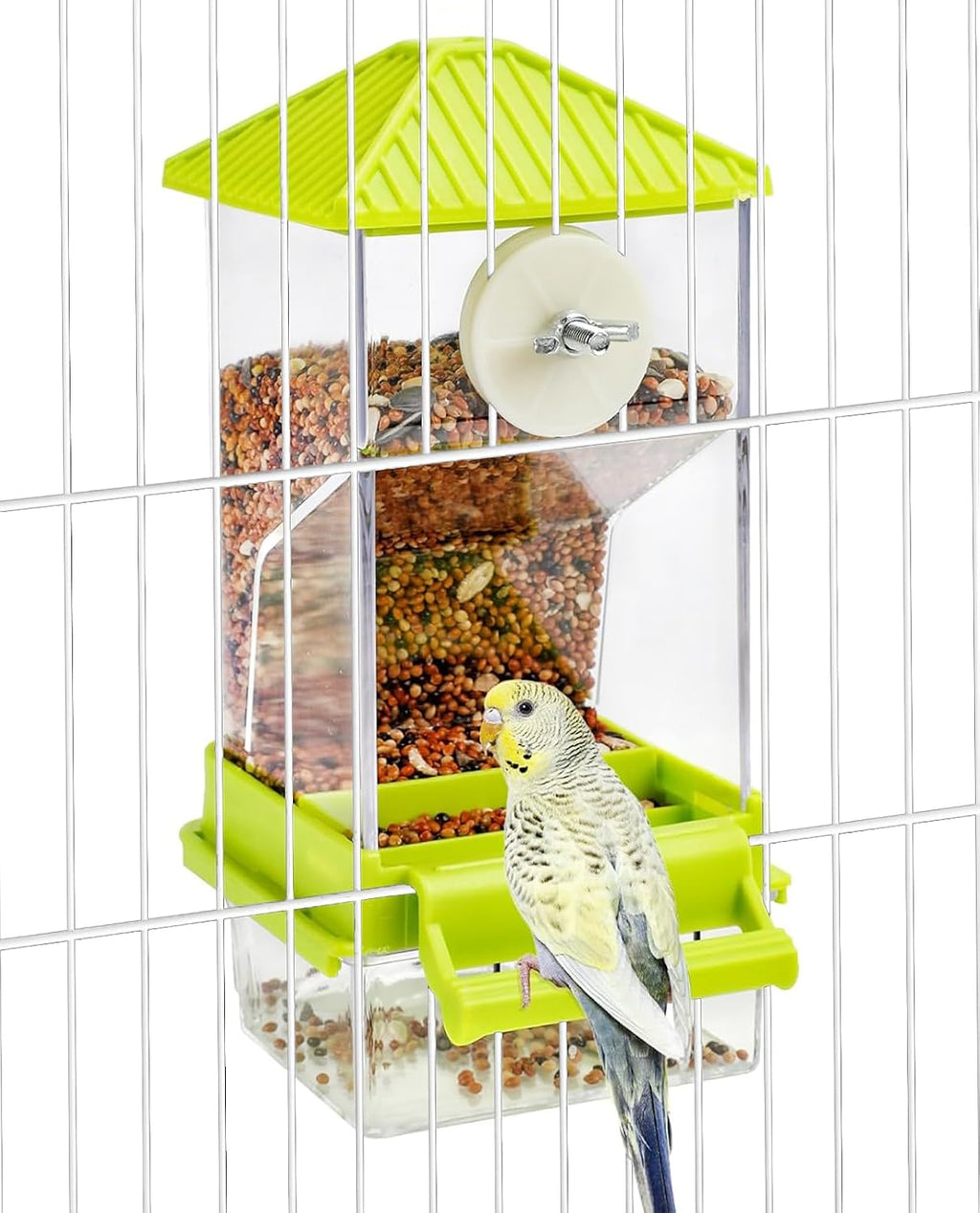 Hamiledyi Automatic Bird Feeder No Mess Bird Cage Feeder Seed Food Container with Perch Transparent Parrot Cage Accessories for Parakeets, Budgies, Cockatoos, Finches, Lovebirds, Canaries (Green)