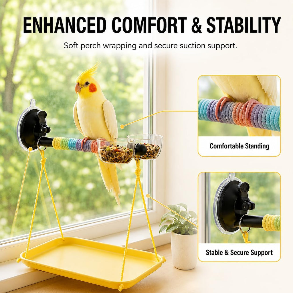 Portable Bird Stand with Poop Tray, Tabletop & Window Bird Perch for Travel and Car, Play Gym Training Toy for Small Medium Birds, Parakeets, Conures, Budgies, Easy to Clean