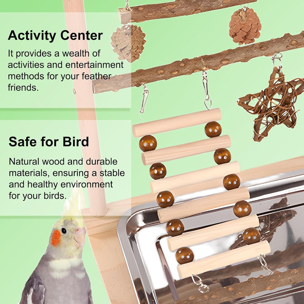 Bird Playground Parrot Perch Play Stand, Natural Wood Parakeet Playstand Cockatiel Toys, Budgie Play Gym & Cage Accessories - Removable Stainless Steel Tray, 2 Feeder Cups, Ladders & Swings