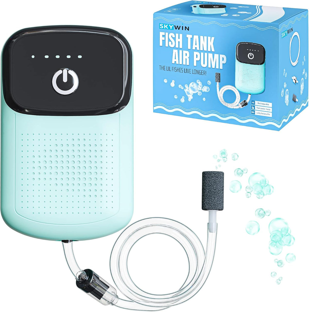 Skywin Portable Aerator for Fish,USB Rechargeable Live Bait Aerator 18–32H Battery, Keeps Bait Alive Anywhere, Quiet Aquarium Water Pump for Buckets, Coolers, Aquariums, Salt & Freshwater