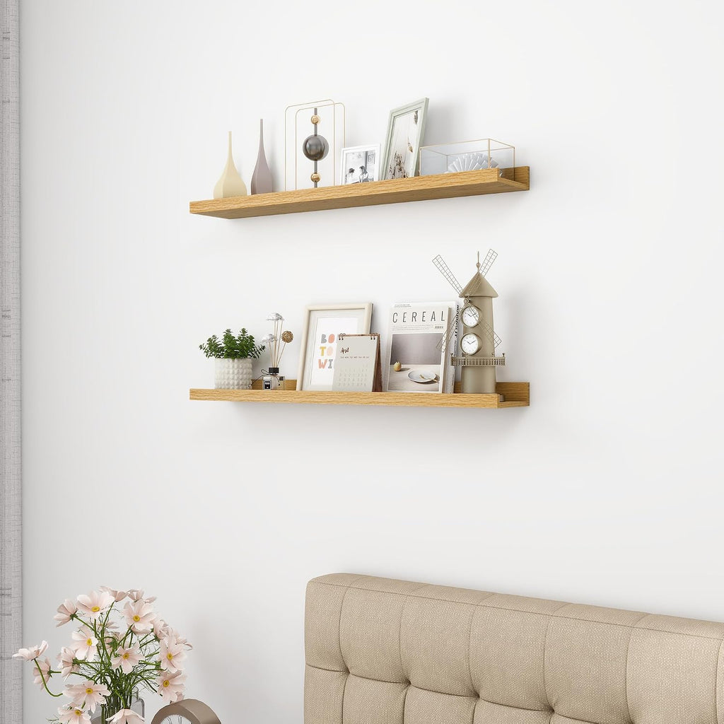 Picture Ledge Shelf, MDF Wood Floating Shelves Set of 2, Picture Ledge Photo Ledge Wall Mounted for Living Room Kids' Room Bedroom, Color Black (Oak, 30in-2pcs)