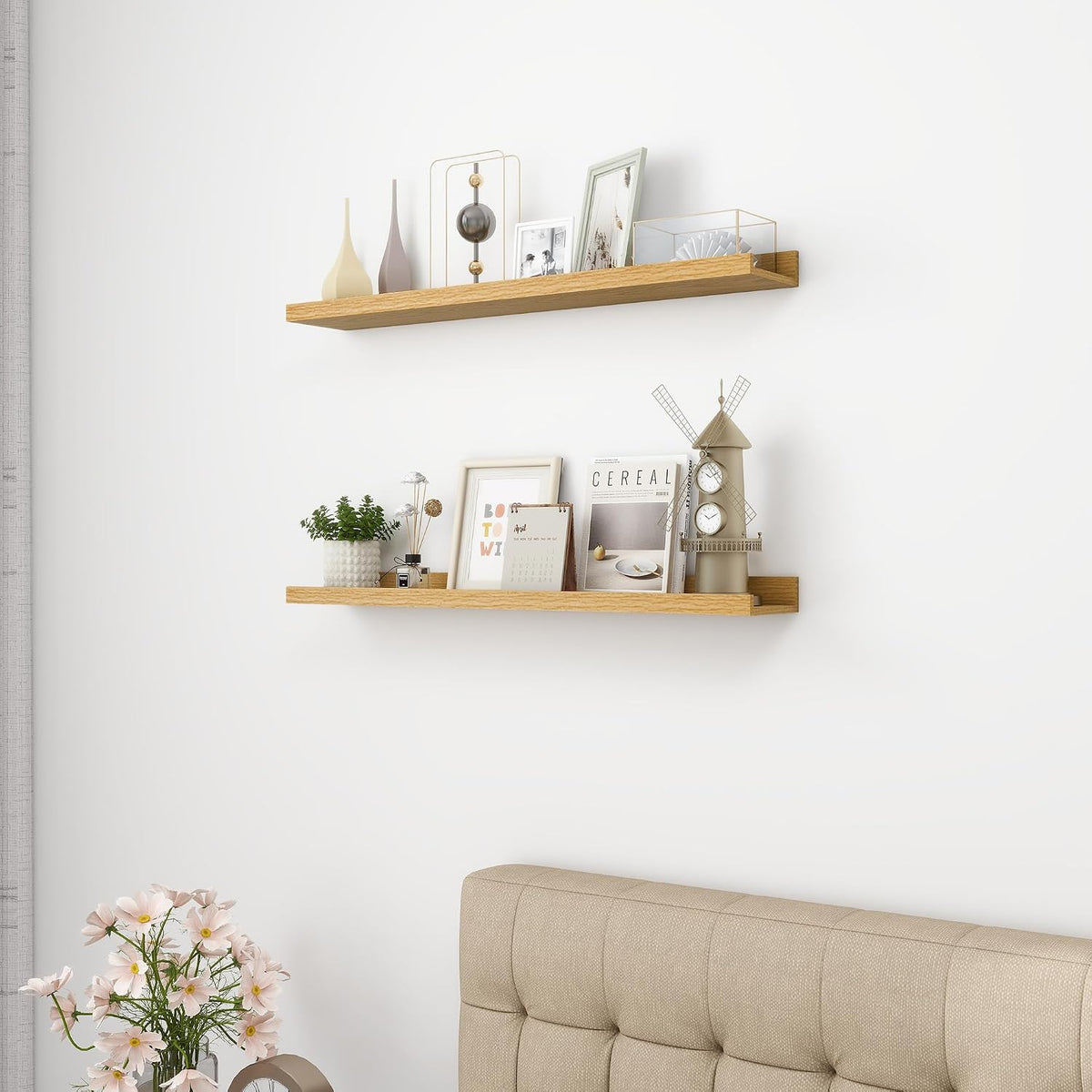 Picture Ledge Shelf, MDF Wood Floating Shelves Set of 2, Picture Ledge Photo Ledge Wall Mounted for Living Room Kids' Room Bedroom, Color Black (Oak, 30in-2pcs)