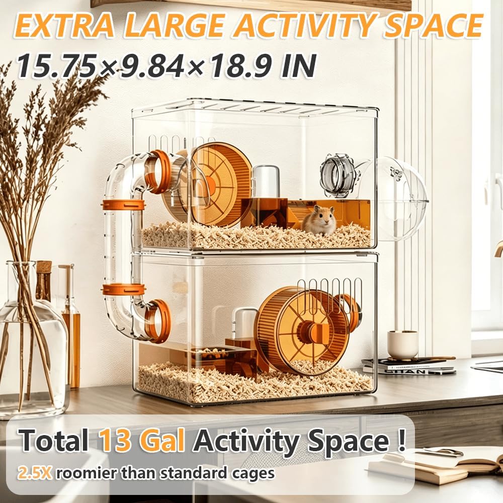 8-in-1 Transparent 2-Tier Hamster Cage Set, All-in-One No Assembly, DIY Stackable Expandable, 15.75×9.84×18.9 in, Starter/Transition Cage for Dwarf & Baby Hamsters,Fits Small Space/Kid’s Room