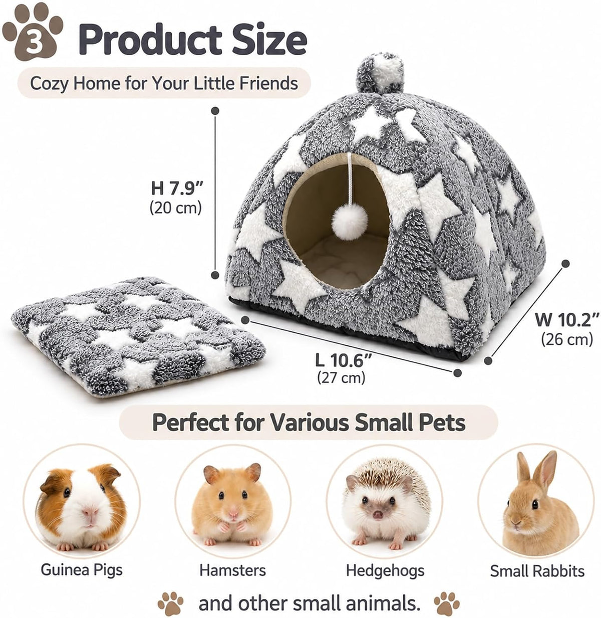 Guinea Pig Bed House Cozy Cave for Hamsters,Hedgehogs Small Rabbits (Grey)