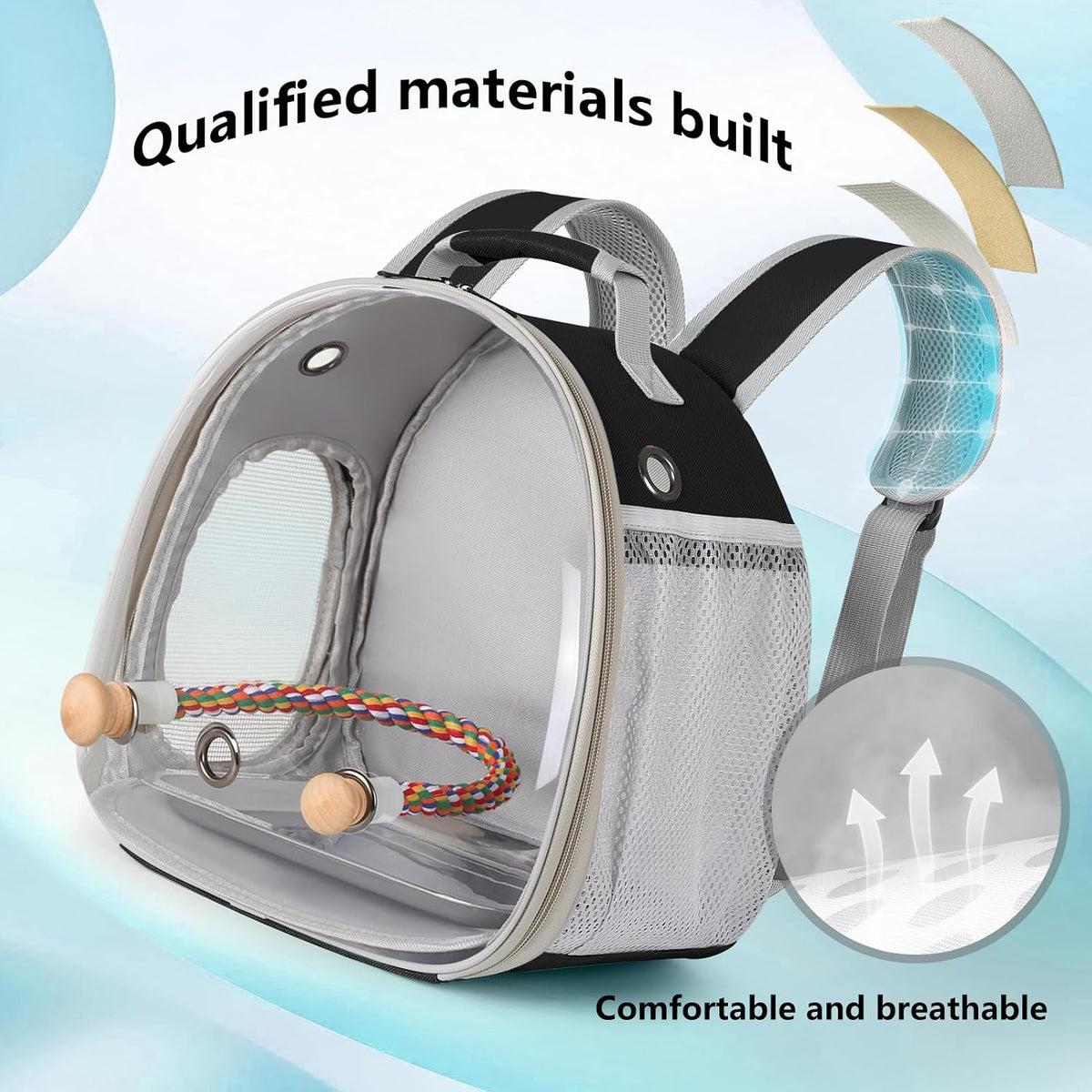 Small Bird Travel Backpack Carrier Cage, Backpack to Transport Backpack Carrier with Metal Tray Stand Perch for Parakeet Cockatiel Budgies Vet Carry Book Bag Black