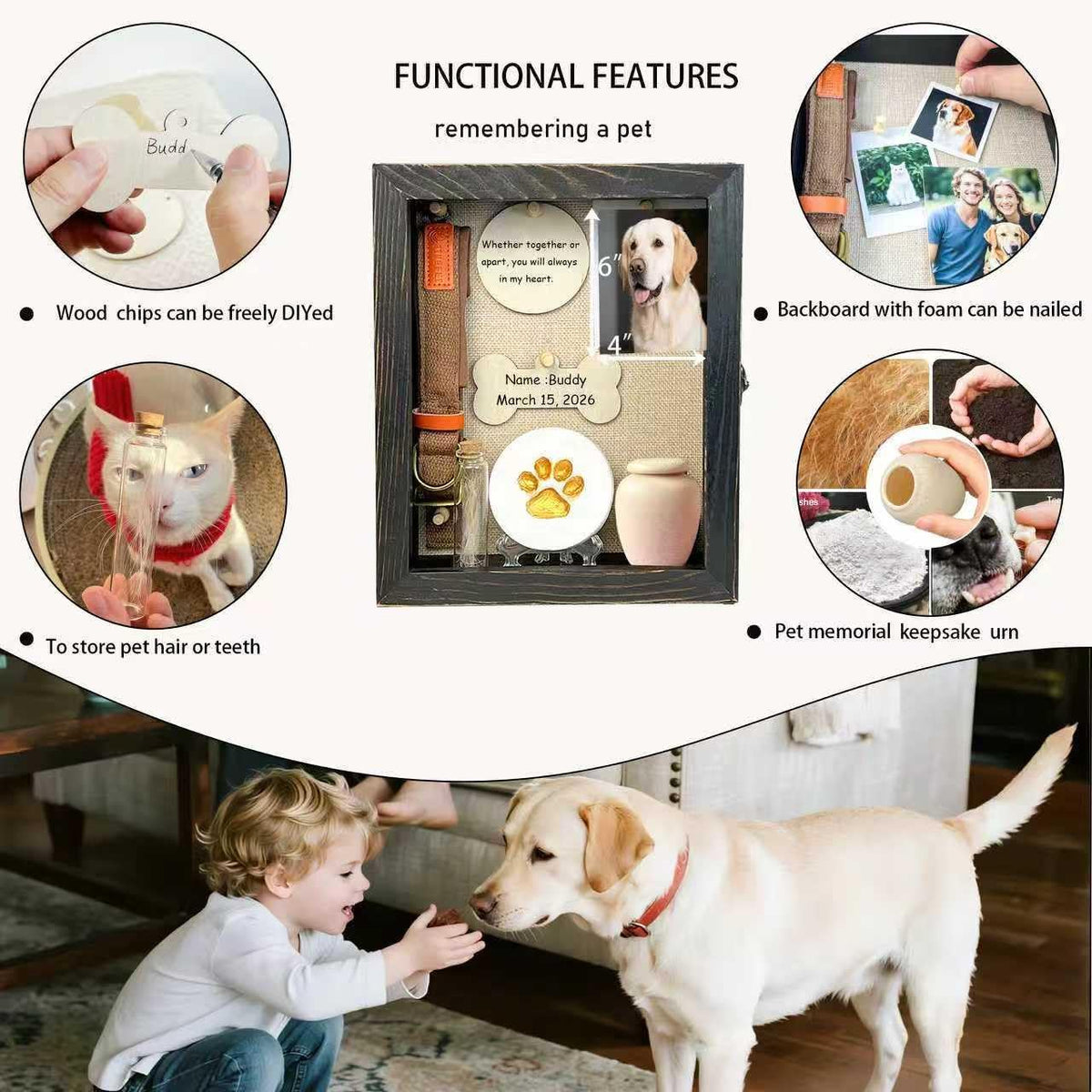 8x10 Pet Memorial Shadow Box Frame Paw Print Kit Solid Wood Pet Frame Black Dog Memorial Gifts for Loss of Dog