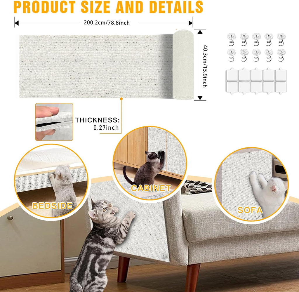Cat Scratch Mat,78.8"x15.9" Trimmable Self-Adhesive Cat Scratch Furniture Protector, Sticky Cat Scratcher Wall Mat, Covering Cats Tower, Couch Protector from Cats Claws (White)