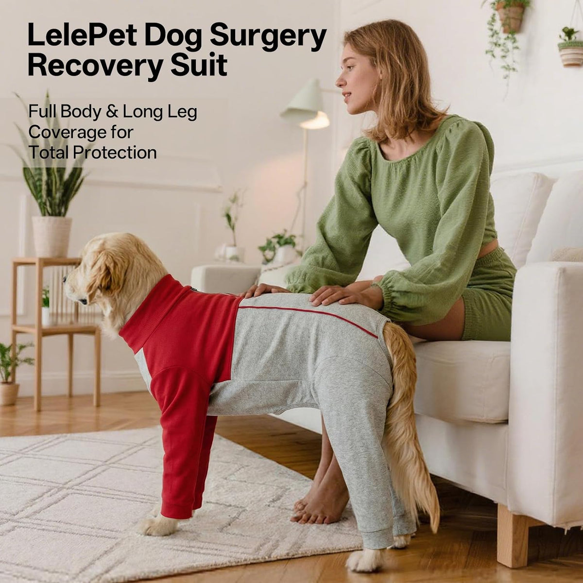 Lelepet Dog Suit for Surgery Recovery, Full Body Onesie for Dogs, Red, M