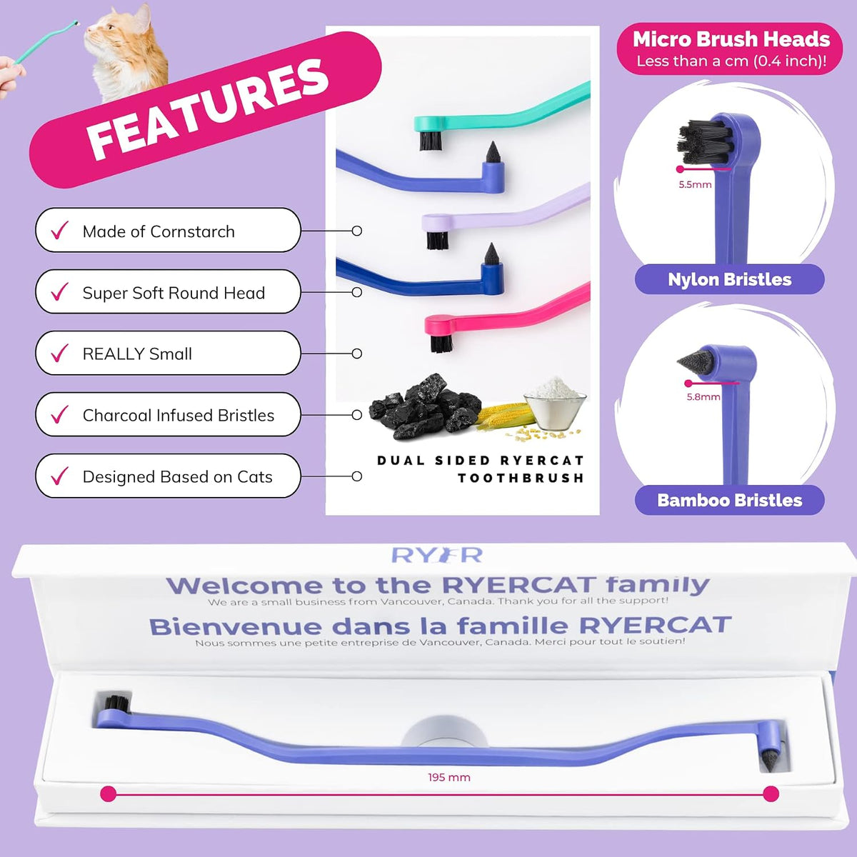 RYERCAT Space Dual Sided Cat Toothbrush - Only 8mm Wide to fit into Cat's Mouth - Cat Dental Supplies