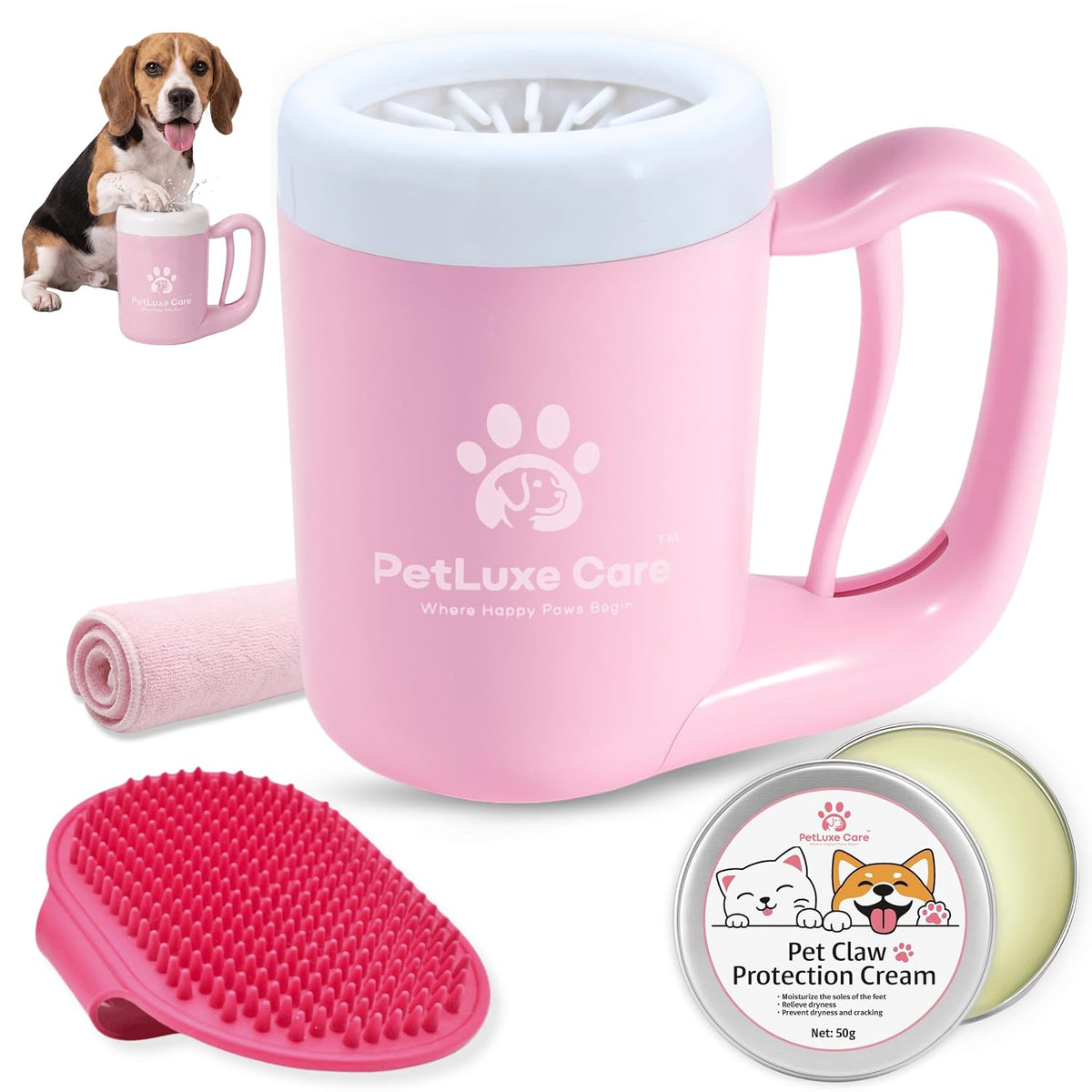 Dog Paw Cleaner, Paw Washer Cup with Soft Silicone Bristles, Portable Dog Foot Washer, 4-in-1 Paw Cleaner Kit with Paw Balm, Microfiber Towel & Grooming Brush (Pink Medium)