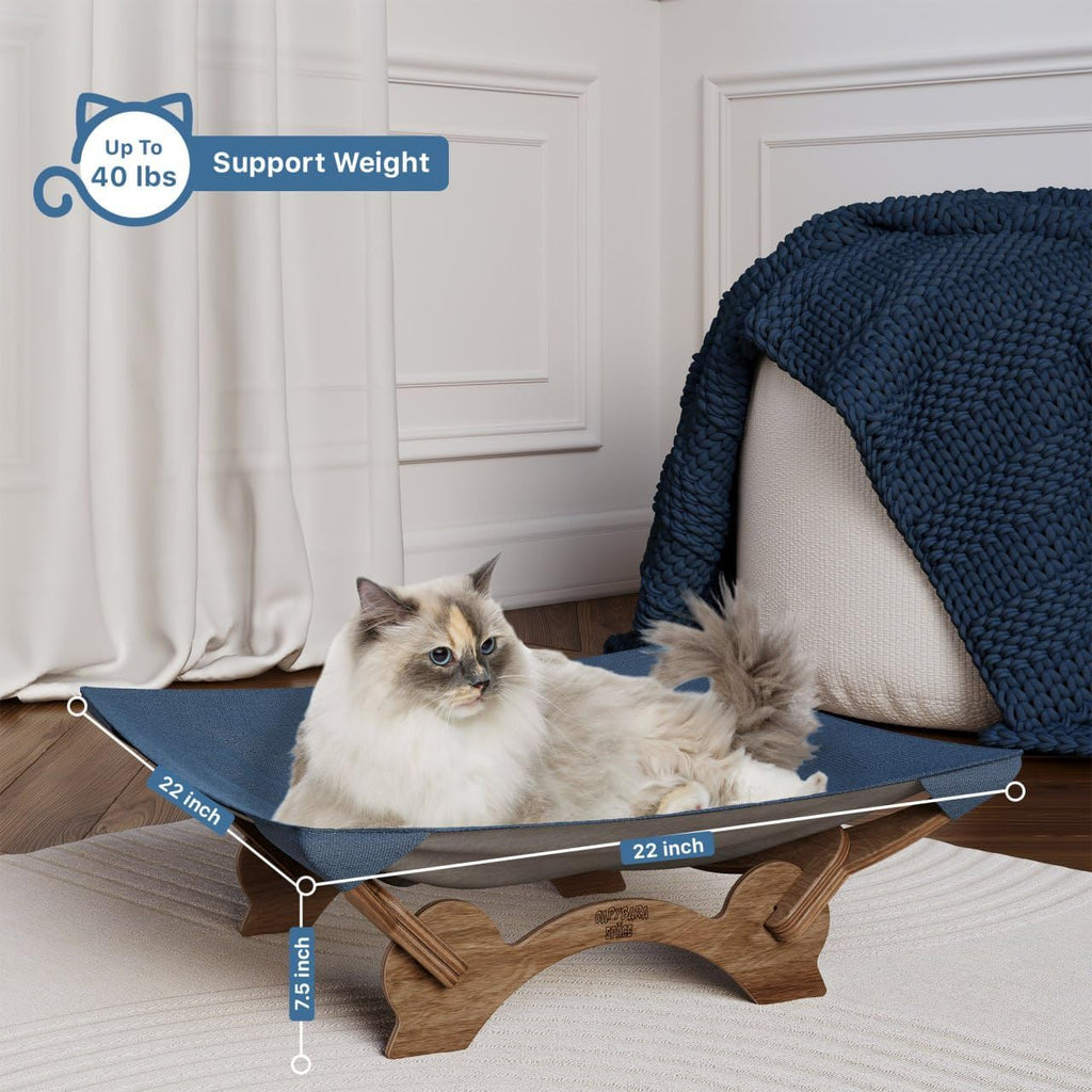 Large Cat Bed Hammock Cradle Cats Accessories 22 X 22 Inch Elevated Pet Bed for Window Perch for Large Cats or Kitty Easy Assembly Cat Furniture Gift (Classic Blue & Walnut Wood)