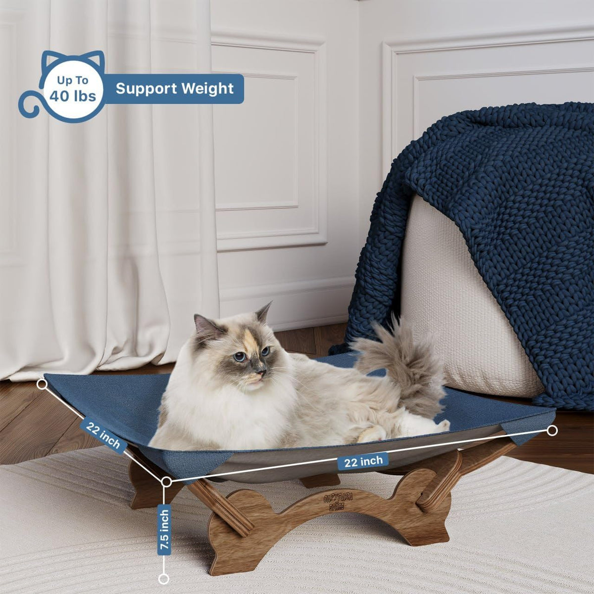 Large Cat Bed Hammock Cradle Cats Accessories 22 X 22 Inch Elevated Pet Bed for Window Perch for Large Cats or Kitty Easy Assembly Cat Furniture Gift (Classic Blue & Walnut Wood)
