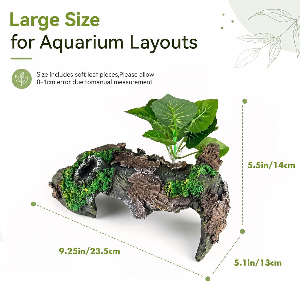 9.25" Large Aquarium Decor Hideout Cave Resin Hollow Tree Trunk with Plant