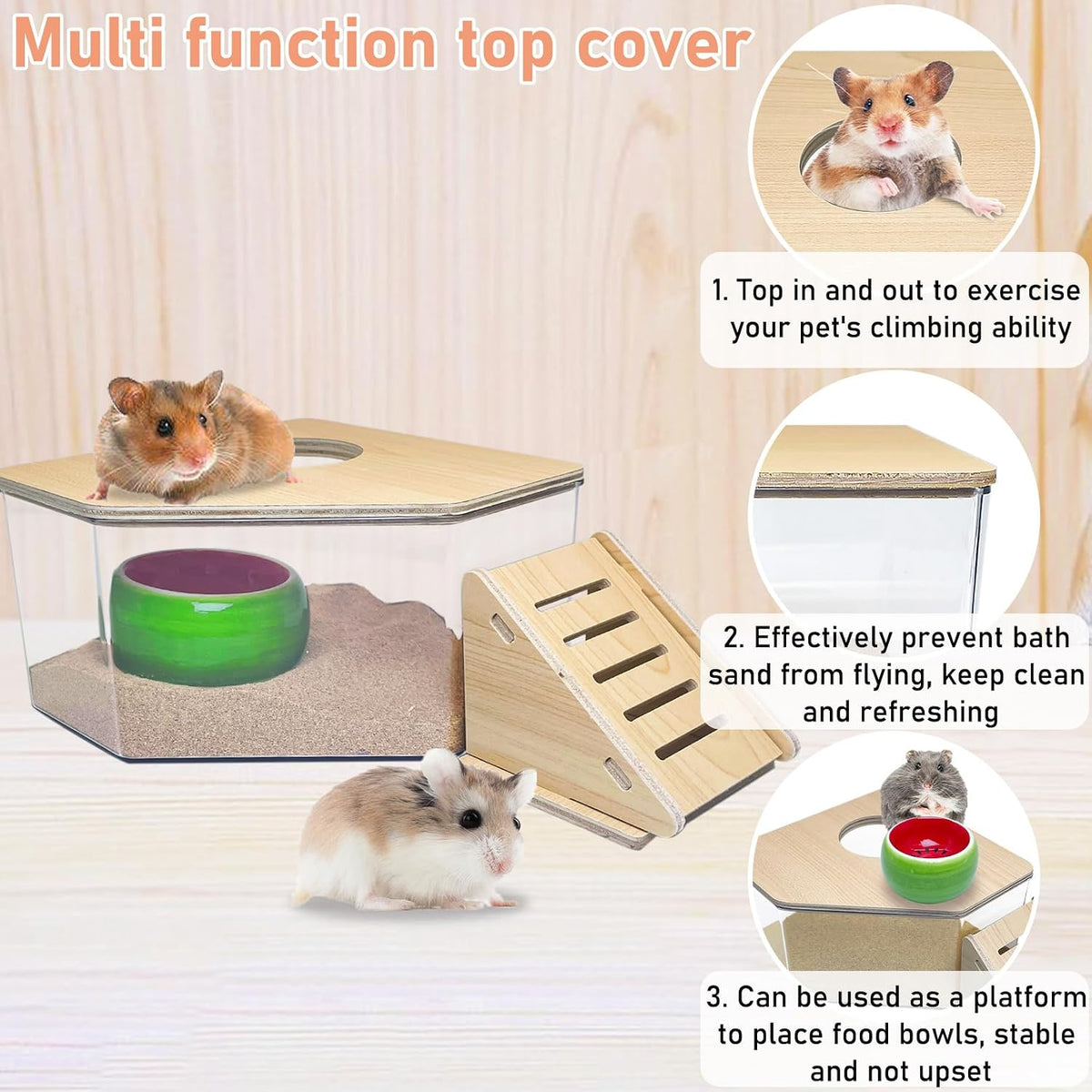 PINVNBY Hamster Sand Bath Box, Transparent Acrylic Sand Bath Shower, Gerbils Digging Room Container with Climbing Ladder and Ceramic Bowl, Litter Box for Hamsters Guinea Pigs Mice (Triangle)