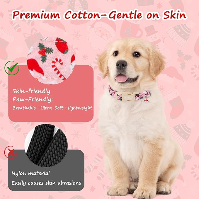 Pink Christmas Dog Collar, Adjustable Cotton Dog Collars - Image 4