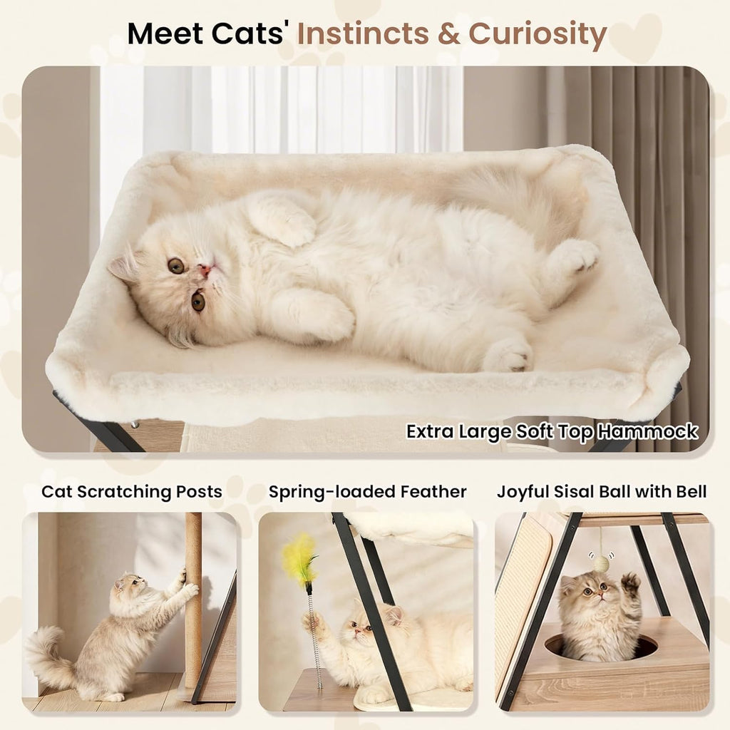 71" Modern Wood Cat Tree for Large Cats - Heavy Duty Tall Cat Tower for Indoor Cats, Multi-Level Cat Furniture with Spacious Condo, Large Perch, Scratching Posts & Hammock (Beige)