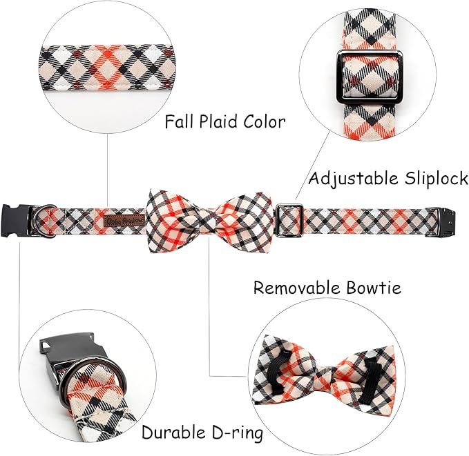 Dog Collar, Bow Dog Collar Beige Plaid Pet Collar Cute Pet Bow Soft Girl or Boy - Image 2