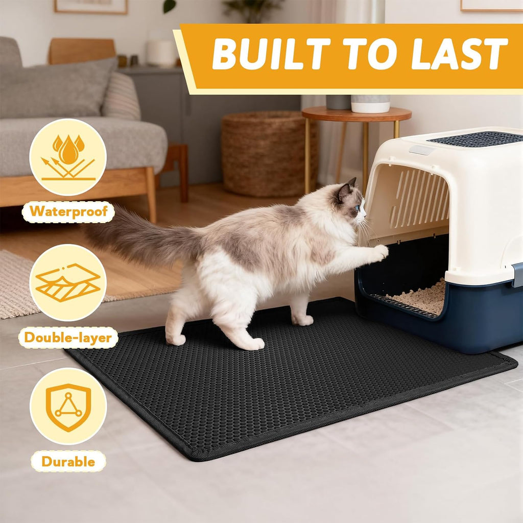 Pieviev Kitty Litter Mat, Double-Layer Waterproof Design, 30" x 24" Black