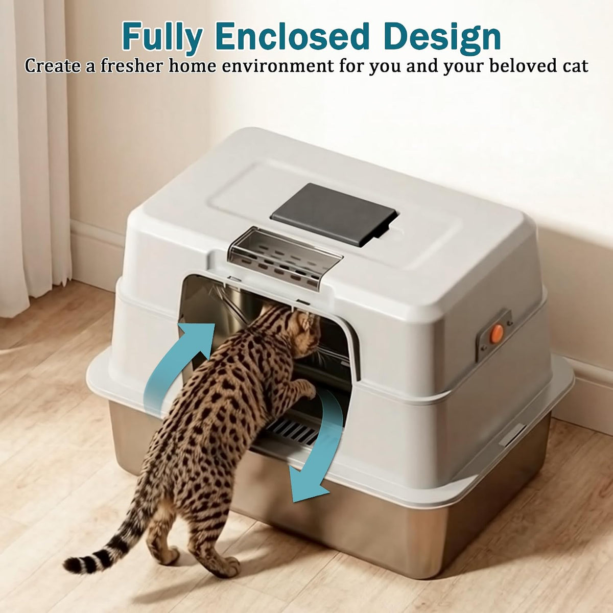 Stainless Steel Cat Litter Box with Lid, High Side Enclosed Kitty Litter Pan, Covered Metal Base Cat Box with Litter Scoop, Easy to Clean, Non-Stick, Odor-Free, Grey