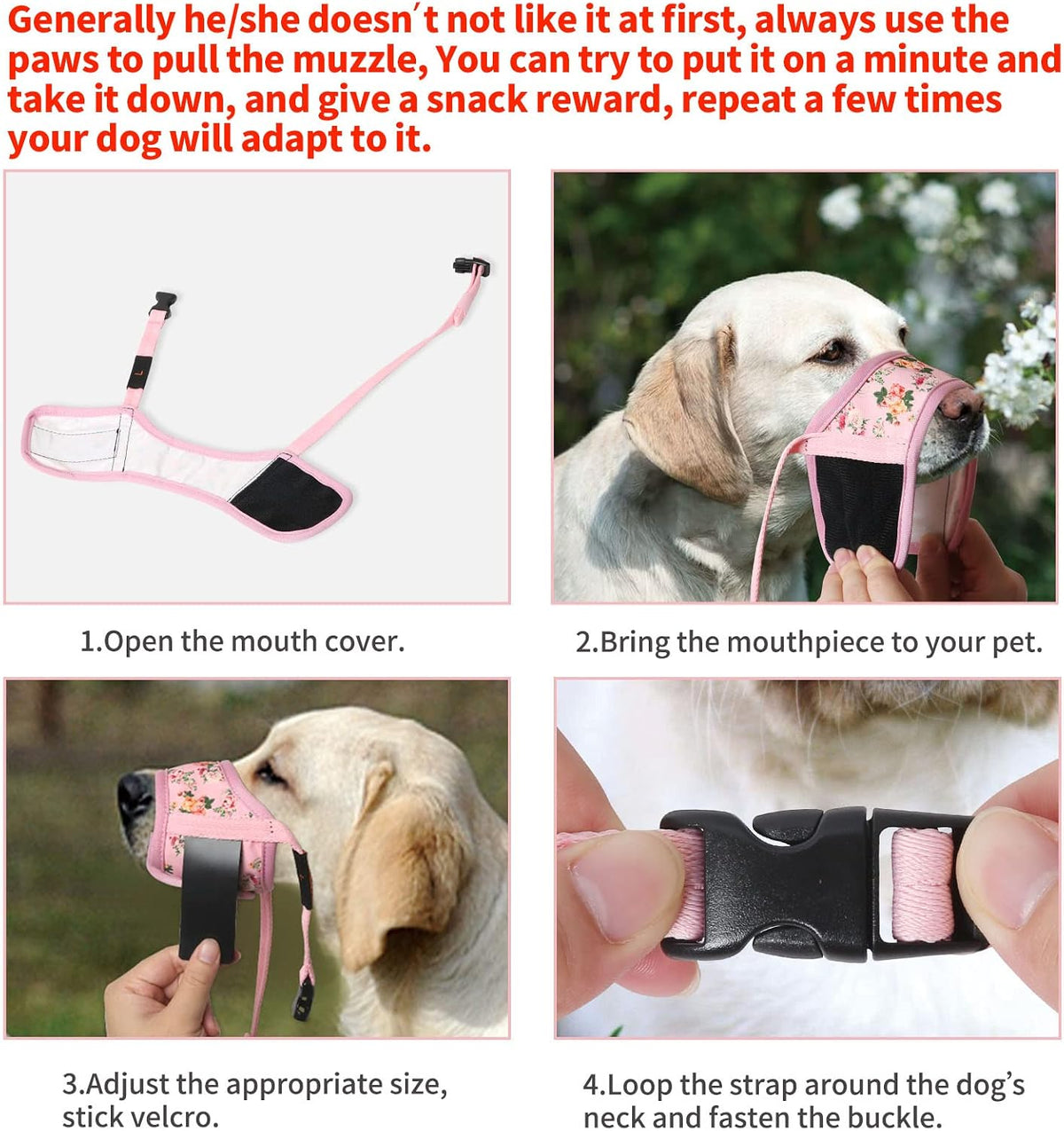 HEELE Dog Muzzle,Soft Nylon Muzzle Anti Biting Barking Chewing,Air Mesh Breathable Drinkable Adjustable Loop Pets Muzzle for Small Medium Large Dogs 4 Colors 4 Sizes (P-Pink Flower, M)