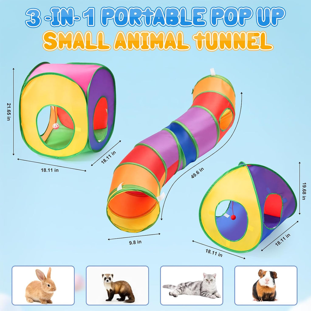 Foldable Ferret Tunnel, 3-in-1 Portable Pop Up Small Animal House with Hanging Ball, Easy to Store and Carry for Indoor Outdoor Ferret, Rabbit, Guinea Pig