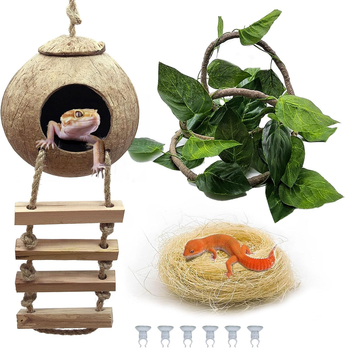 Tfwadmx Crested Gecko Coconut Shell Hide with Ladder Hanging Reptile Vine