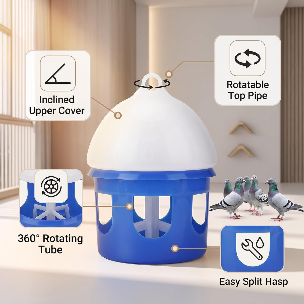 Bird Cage Water Dispenser Automatic Pigeon Waterer Large Capacity Durable ABS Plastic Bird Feeder Drinking Tank for Pigeons Doves Birds Aviary Cage Coop (4L)