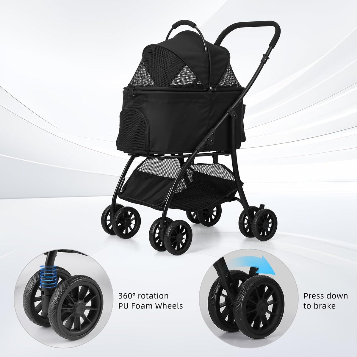 Dog and Cat Stroller with Detachable Carrier, 4-Wheel, Car Seat (Grey)