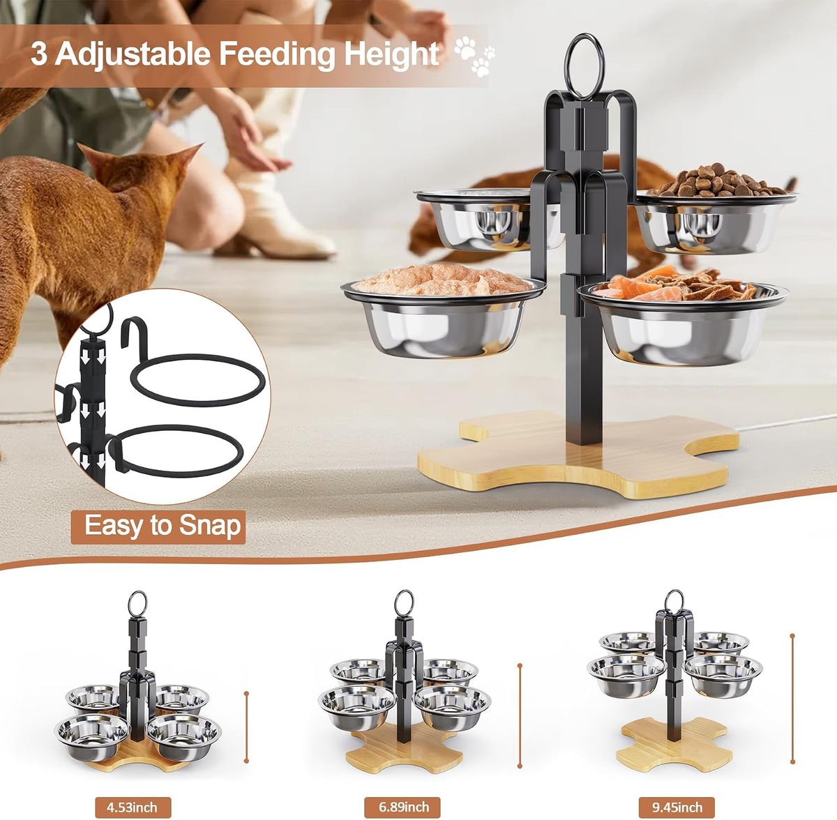 Elevated Cat Bowls 3 Adjustable Height 4 Stainless Steel Cats&Dogs
