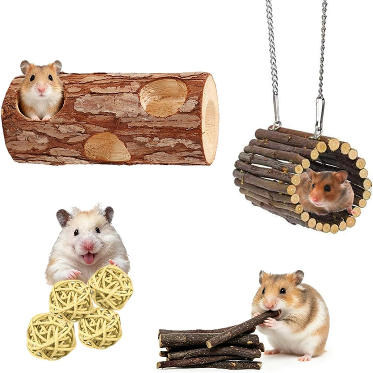 Natural Wooden Hamster Tunnels & Hideouts–Chew-Safe Birch Trunk Tubes(4pcs)