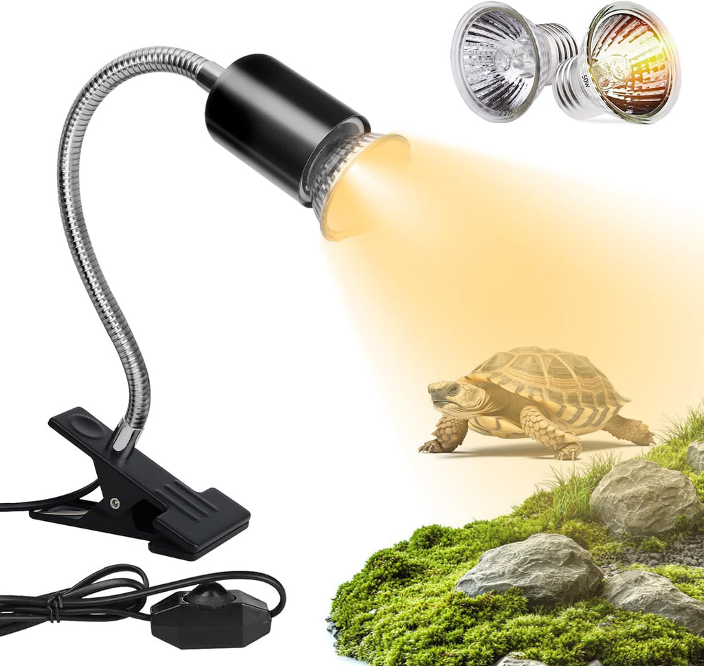 Reptile Heat Lamp UVA/UVB Light with Stepless Dimming, 360 Rotatable Gooseneck Clip-On Heating Lamp for Turtle Tank Bearded Dragon Snake Lizard Tortoise Hermit Crab Includes 25W and 50W Bulbs (Large)