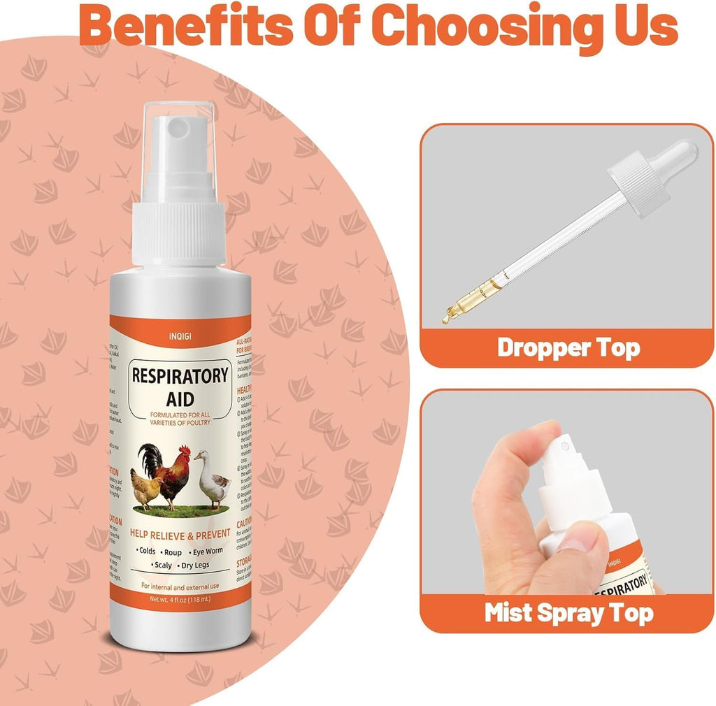 Respiratory Aid for Chicken, Poultry Supplement for Coughing, Sneezing & Nasal Relief, All-Bird Safe Formula, Drinking Water Additive, Dropper & Spray Top Included, 4Oz (118ml) Natural Liquid