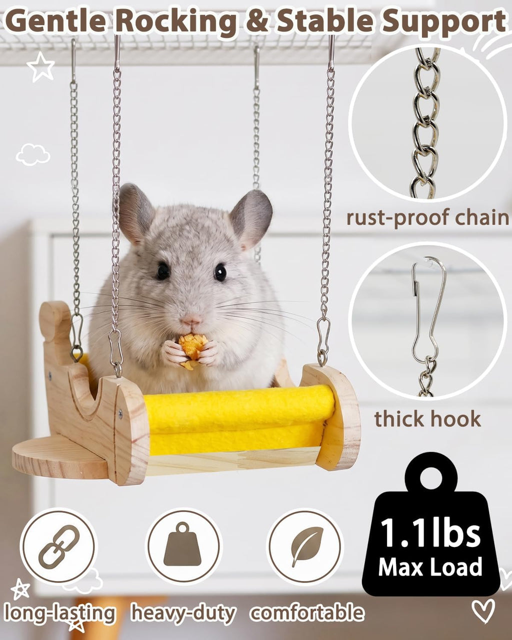 Wood Chinchilla Hammock with Felt Base Absorbs Paw Pressure