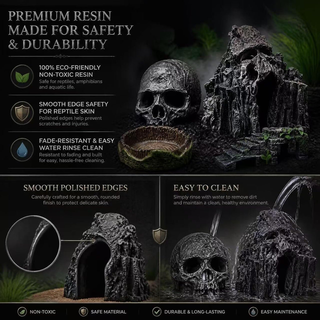 Reptile Hide Cave, 6 Pcs Terrarium Decor Set: Snake Hideout, Skull, Rock Shelter, Water Dish, Basking Bridge & Artificial Plants for Ball Python, Leopard Gecko, Bearded Dragon Tank Accessories