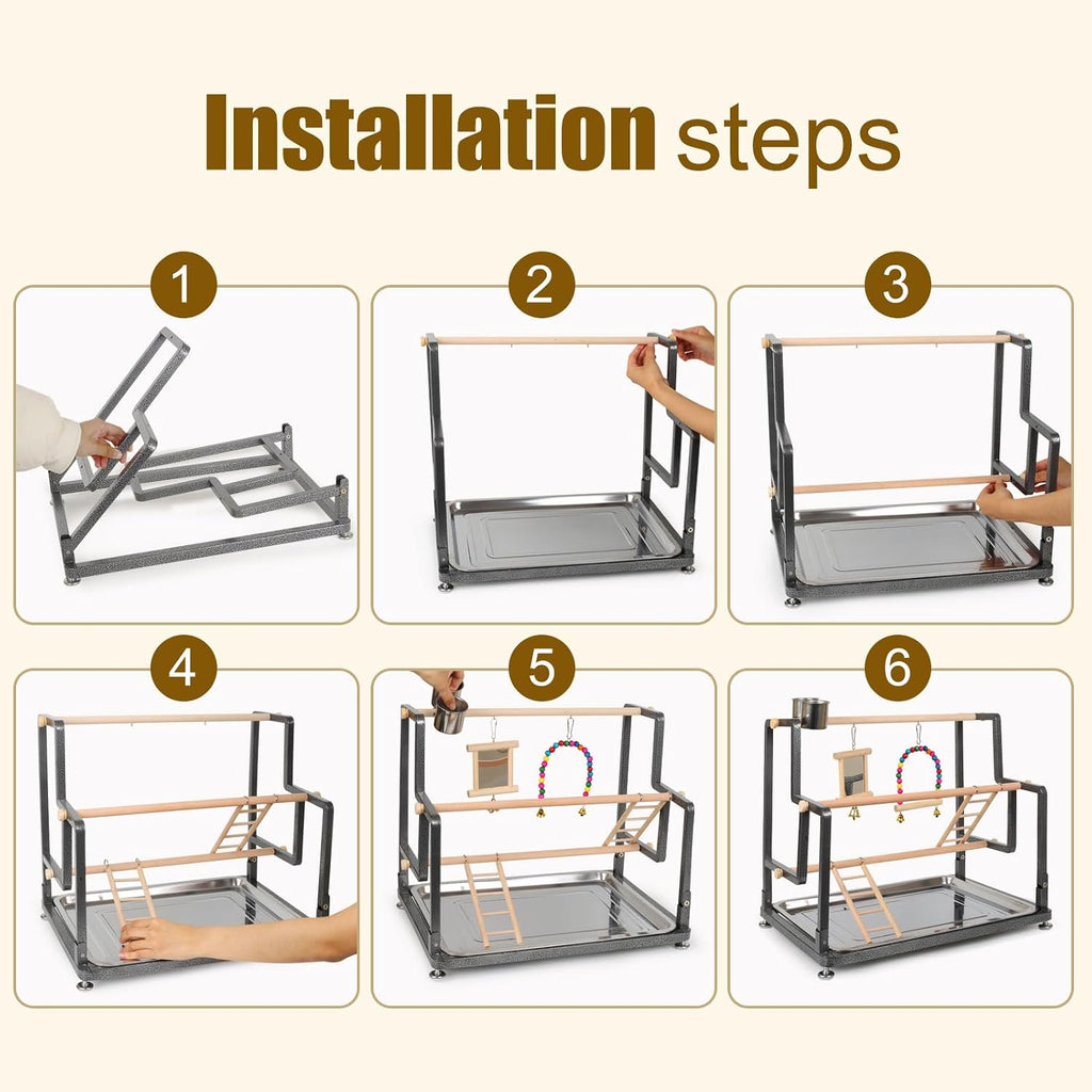 Bird Playground for Indoor Use, Table Collapsible Bird Playstand for Top of Cage, Mirrow Swing Cups 2 Ladders for Small to Medium Size of Cockatiel Parakeet Conure (Wood Ladder)