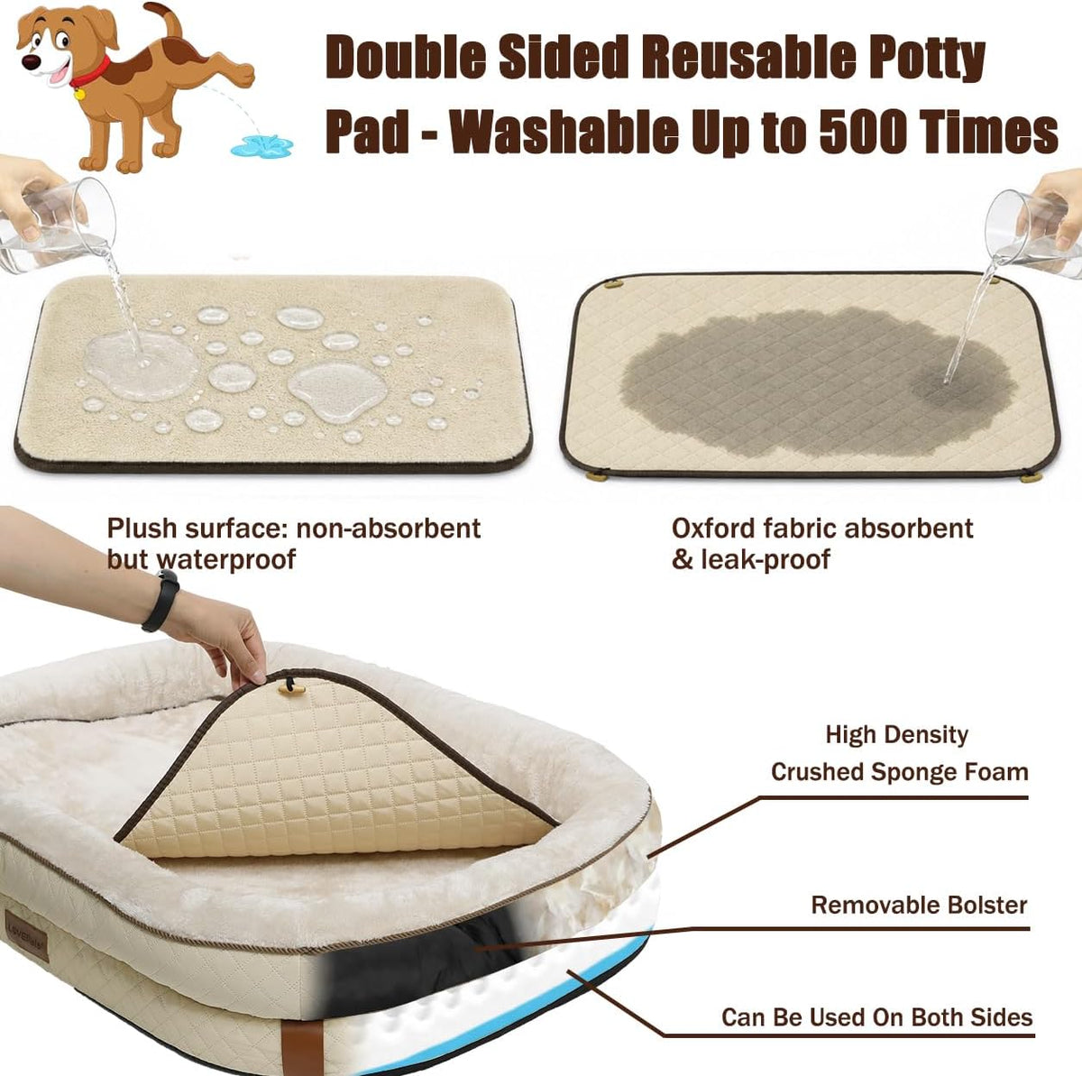 Large Dog Bed with Reusable Potty Pad - 44.1" x 32.3" x 6.3" Beige