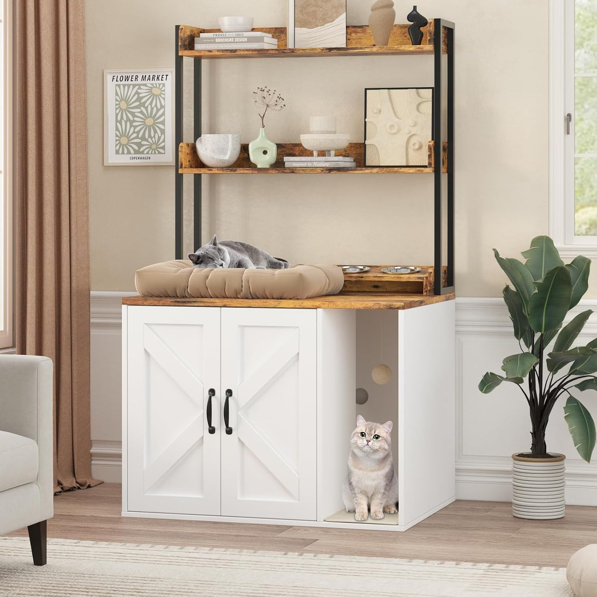 Hidden Cat Litter Box Enclosure Furniture, Wooden Cat Cabinet with 2-Tier Storage & Double Feeding Bowls, Cat Washroom with Power Outlet, Litter Tracking Solution, Farmhouse Pet House for Living Room