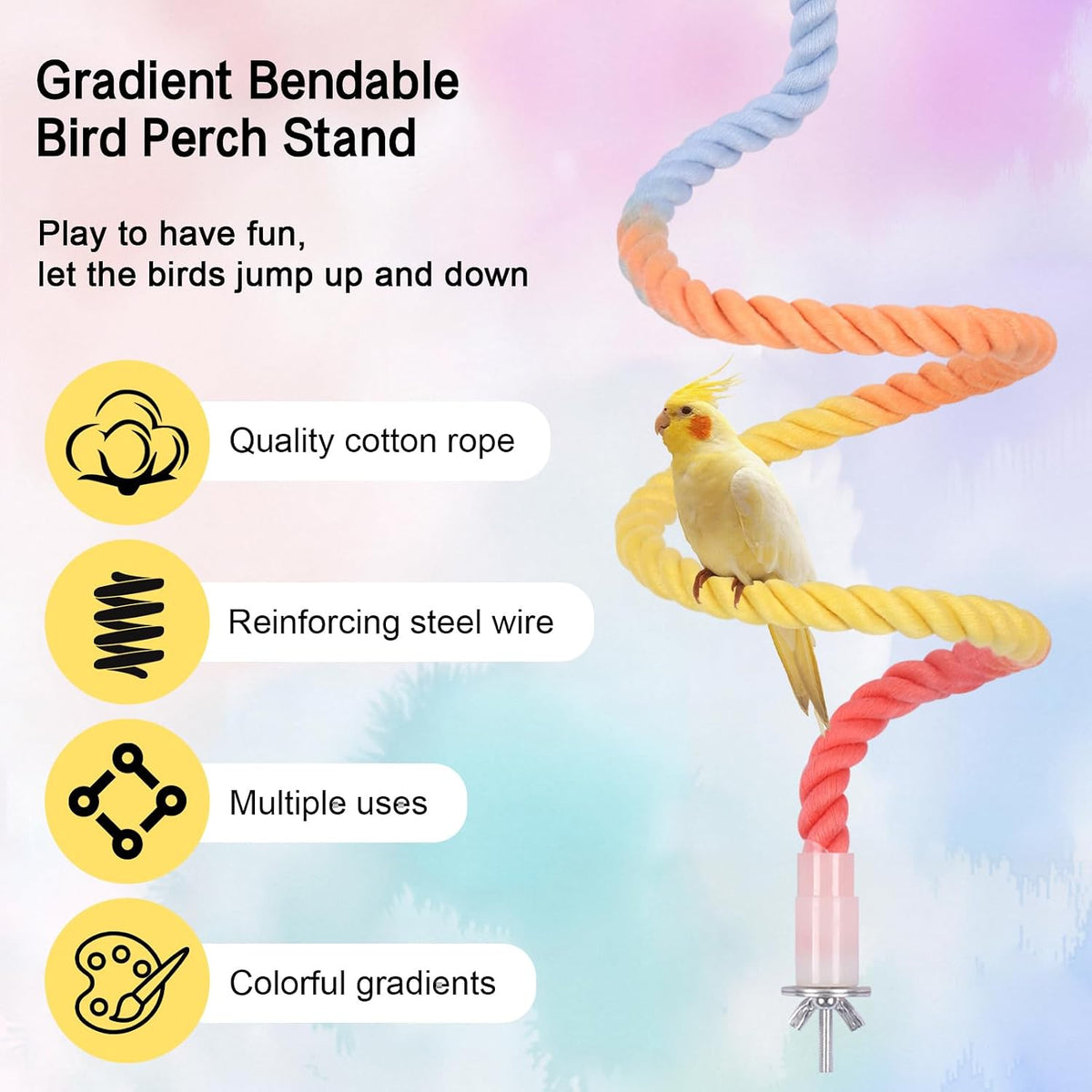 3Pcs Gradient Bendable Bird Perch Stand Set Climbing Rope Swing Playing Toys for Bird Cages Colorful Stand Rope for Parrots Cockatiels Budgies (Yellow, one Size)