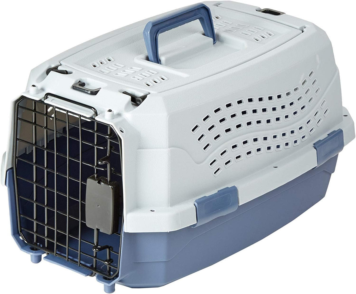 Amazon Basics Hard-Sided Dog and Cat Kennel, Single-Door Travel Pet Carrier with Metal Wire Ventilation, 23.6"L x 15.7"W x 13"H, Beige
