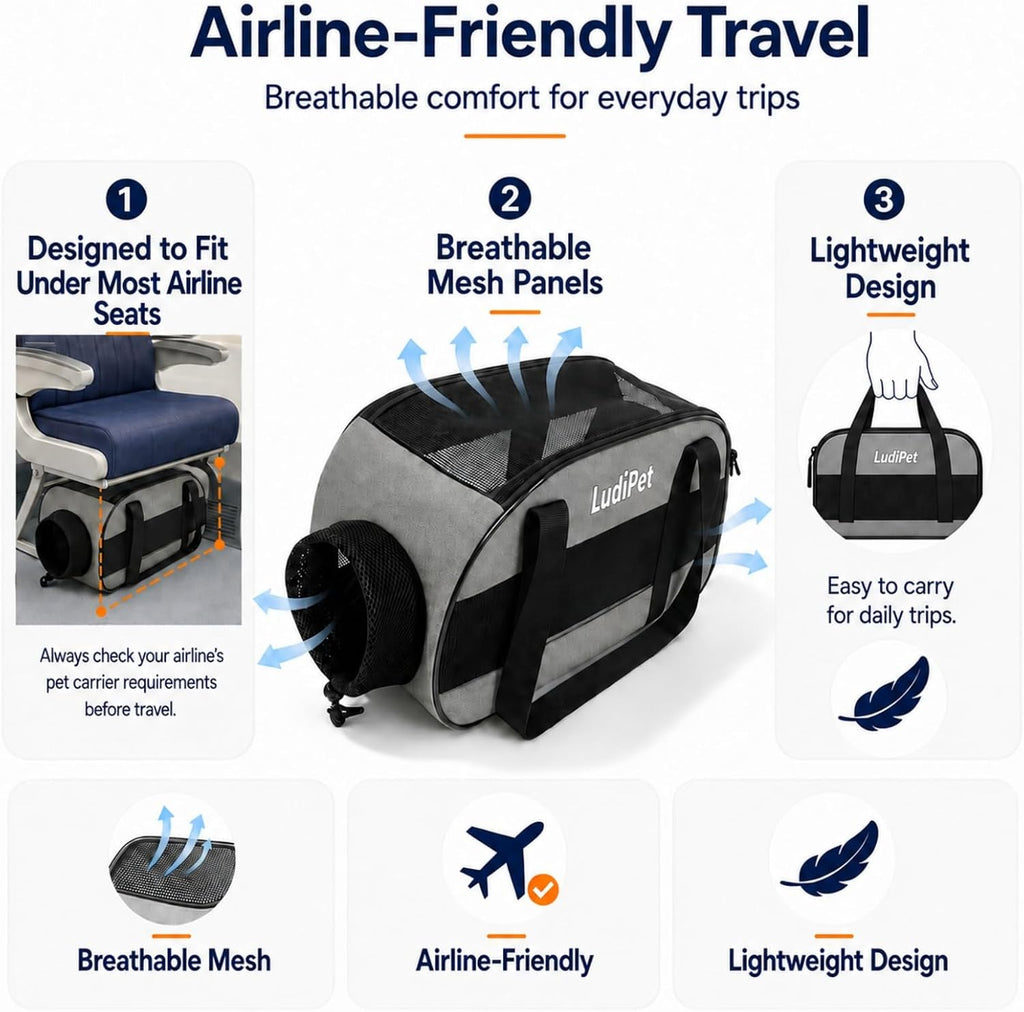 Airline-Friendly Pet Carrier for Cats and Small Dogs, Gray