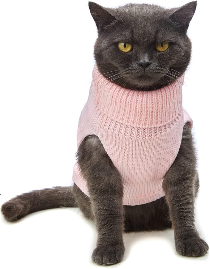 Cat Sweater, Acrylic Turtleneck Sleeveless, Light Pink - Image 2